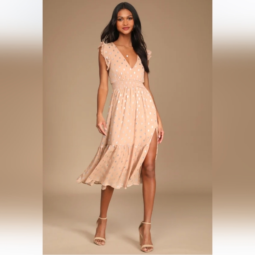 Lulus Cause to Celebrate Mauve and Silver Ruffled Tiered Midi Dress. small